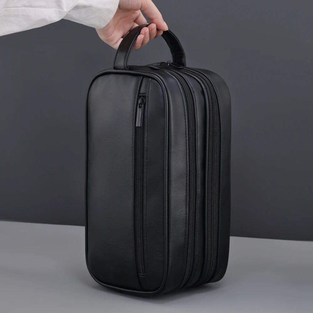 Double-Layer Toiletry Bag for Men PU Leather Travel Wash Organizer Dopp Kit Water-resistant Shaving Cosmetic Bag Strorage