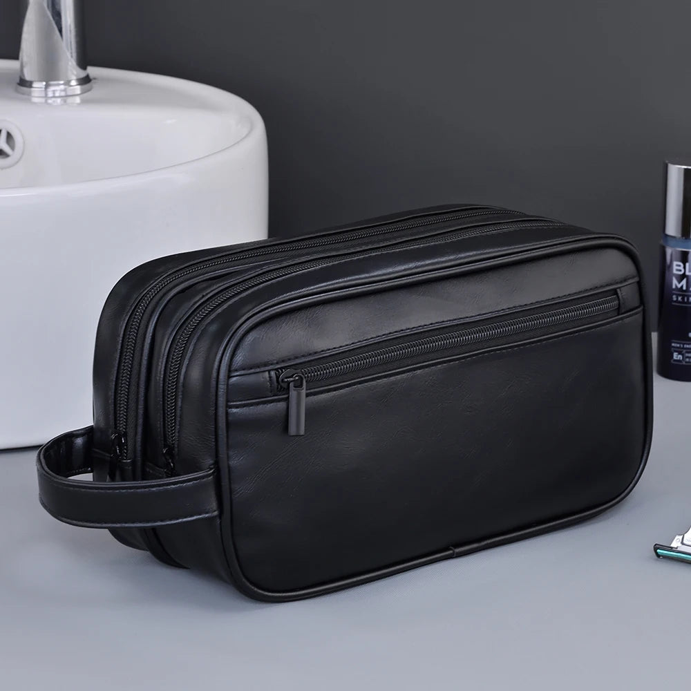 Double-Layer Toiletry Bag for Men PU Leather Travel Wash Organizer Dopp Kit Water-resistant Shaving Cosmetic Bag Strorage