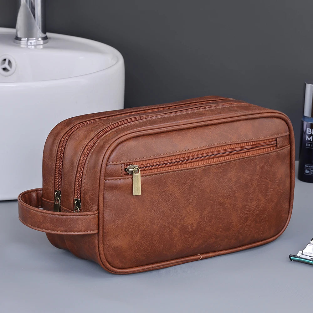 Double-Layer Toiletry Bag for Men PU Leather Travel Wash Organizer Dopp Kit Water-resistant Shaving Cosmetic Bag Strorage