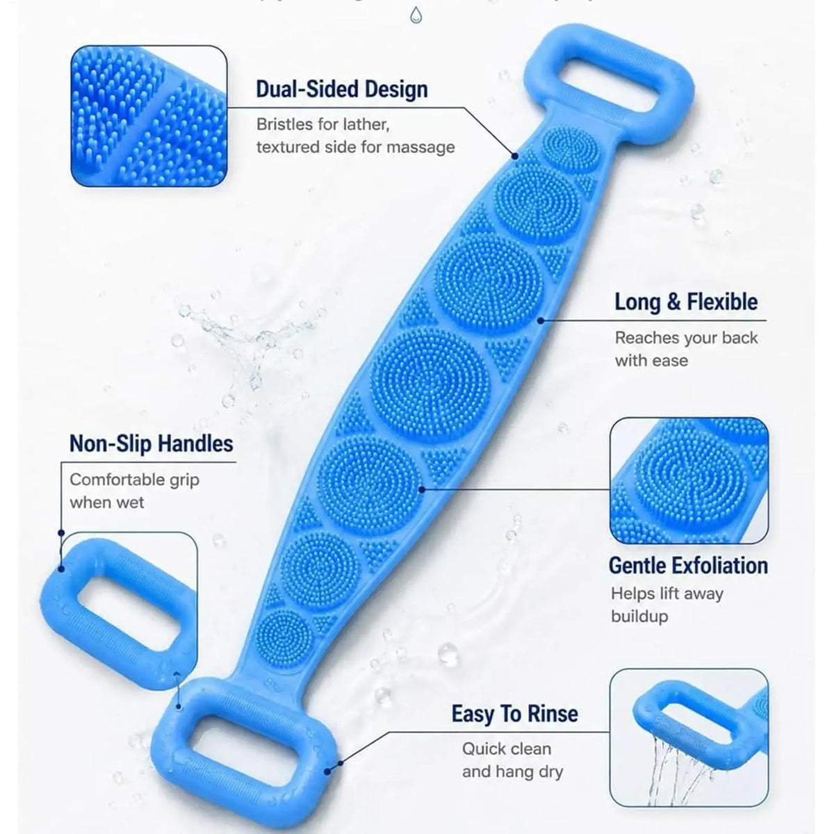 4PCS Soft Silicone Body Scrubber 27.5-inch Double-sided Body Back Exfoliating Strip Soft Bristles Massage Shower Brush For Women
