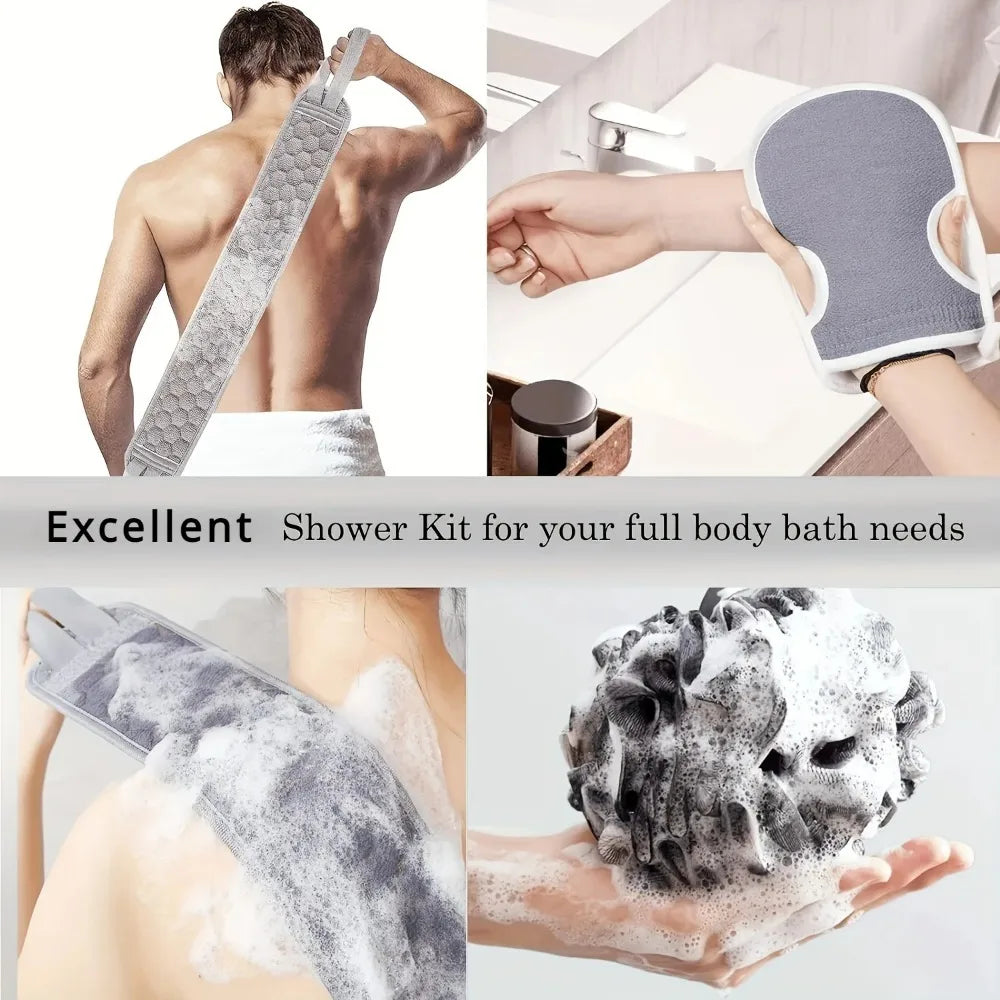 3pcs Exfoliating Body Scrubber Set - Includes Back Scrubber, Bath Glove and Shower Bath Sponge Loofah - Deep Clean and Vitalize