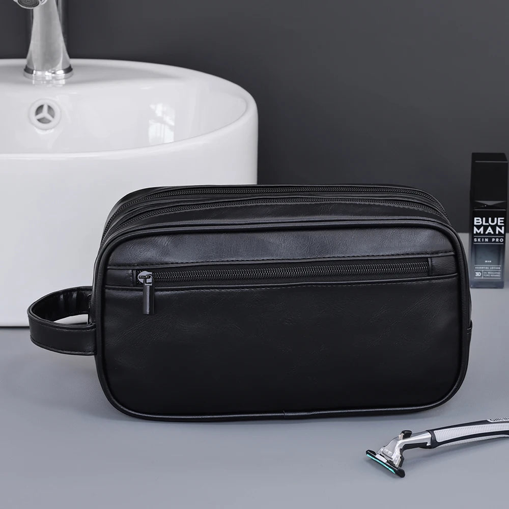 Double-Layer Toiletry Bag for Men PU Leather Travel Wash Organizer Dopp Kit Water-resistant Shaving Cosmetic Bag Strorage