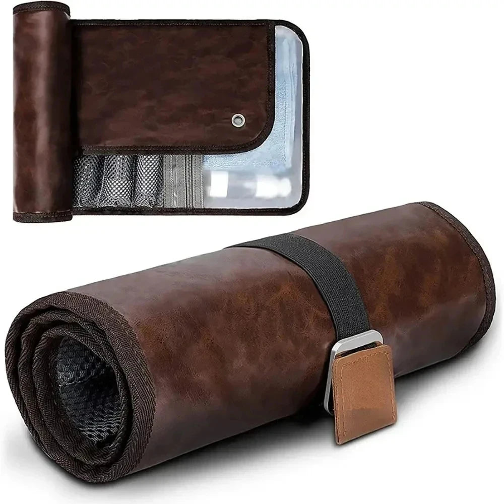 Travel Hanging Toiletry Bag for Men PU Leather Water Resistant Universal Personal Hygiene Bag Roll Up Dopp Kit Travel Essentials