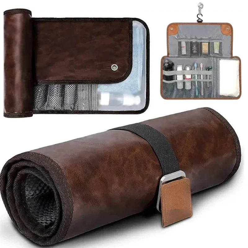 Travel Hanging Toiletry Bag for Men PU Leather Water Resistant Universal Personal Hygiene Bag Roll Up Dopp Kit Travel Essentials