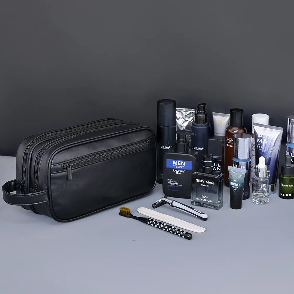 Double-Layer Toiletry Bag for Men PU Leather Travel Wash Organizer Dopp Kit Water-resistant Shaving Cosmetic Bag Strorage