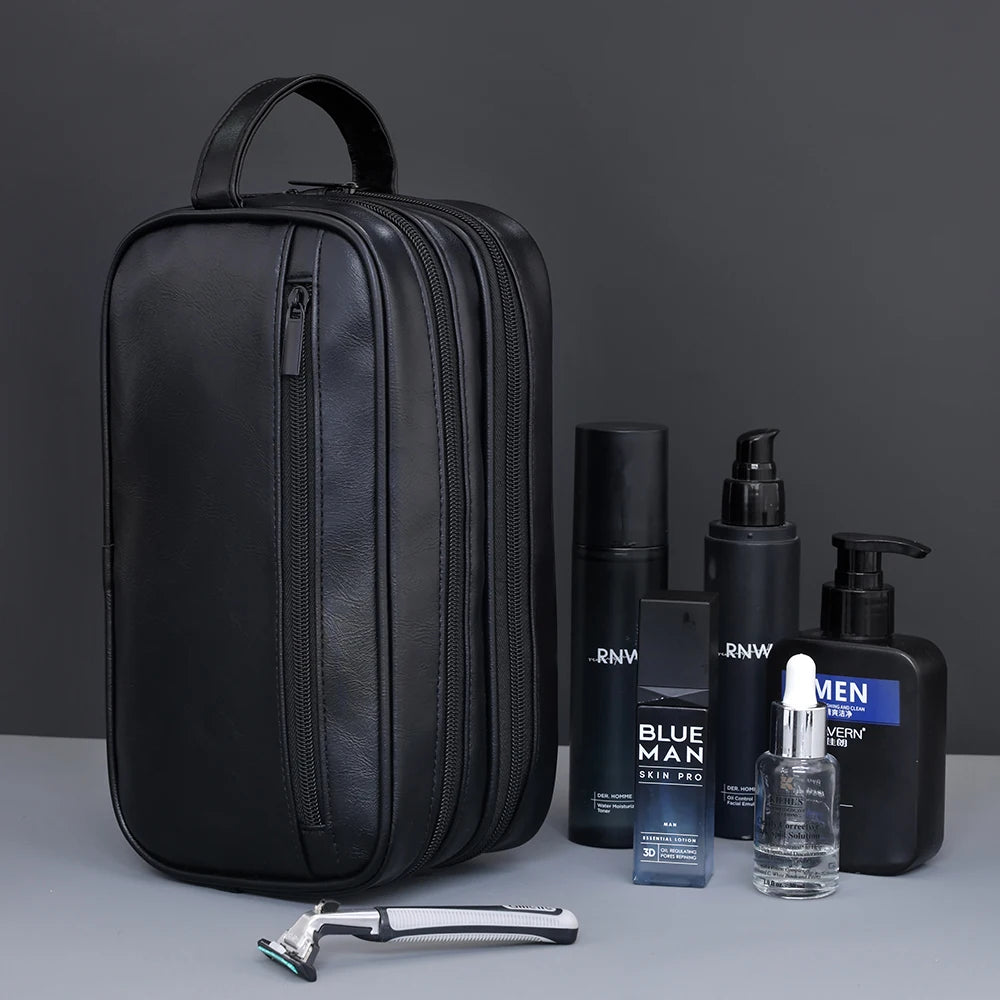 Double-Layer Toiletry Bag for Men PU Leather Travel Wash Organizer Dopp Kit Water-resistant Shaving Cosmetic Bag Strorage