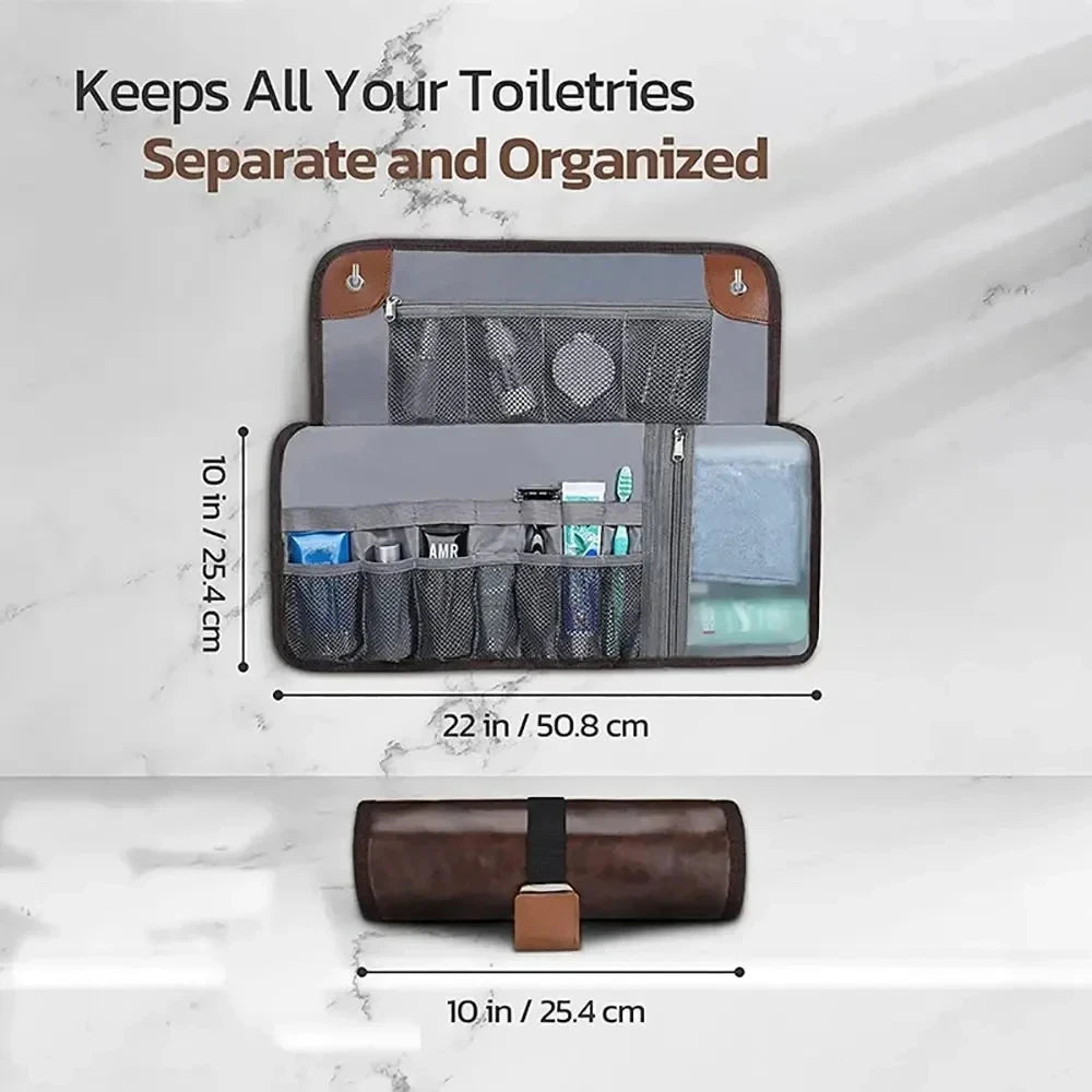 Travel Hanging Toiletry Bag for Men PU Leather Water Resistant Universal Personal Hygiene Bag Roll Up Dopp Kit Travel Essentials