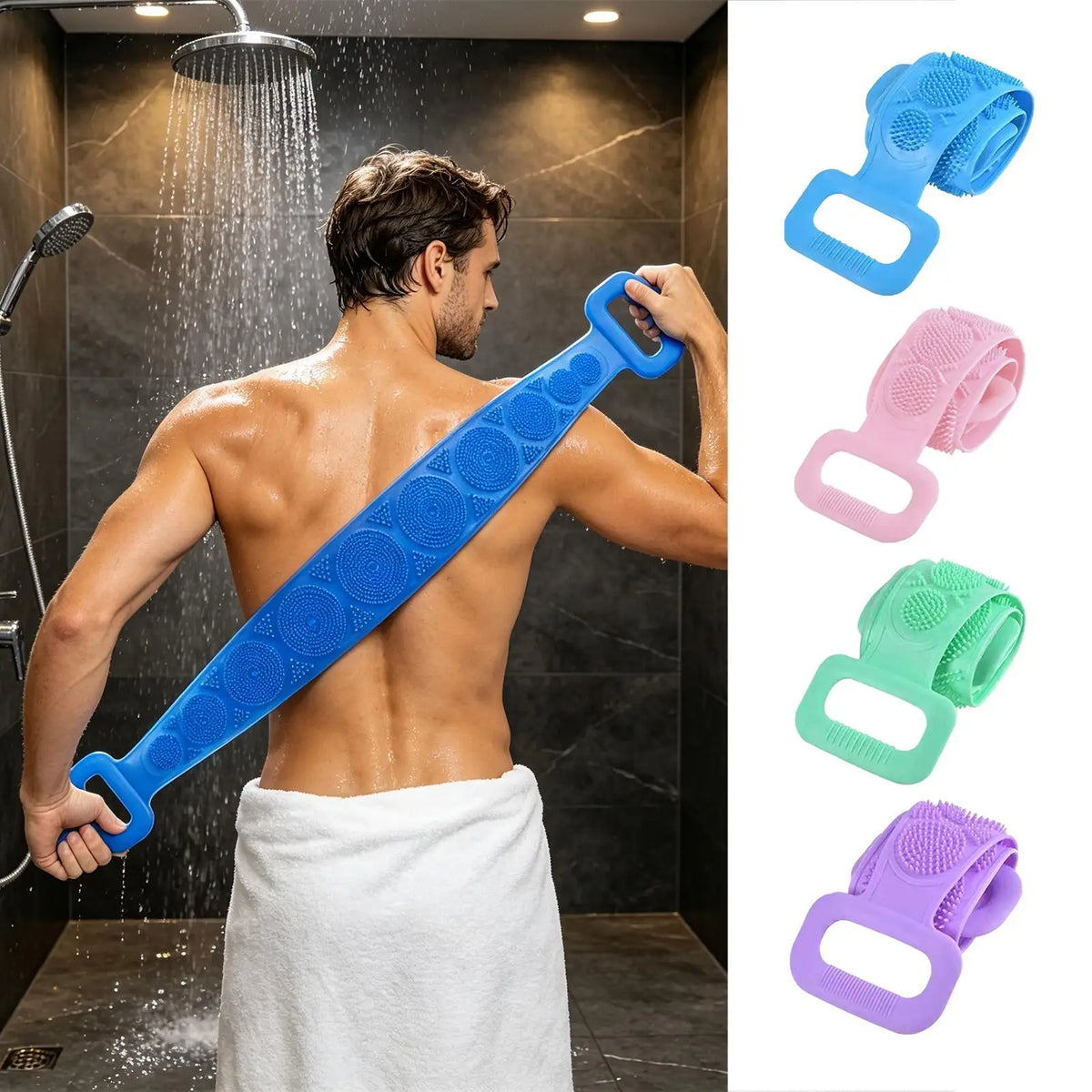 4PCS Soft Silicone Body Scrubber 27.5-inch Double-sided Body Back Exfoliating Strip Soft Bristles Massage Shower Brush For Women