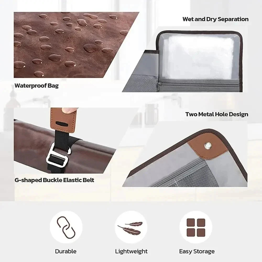Travel Hanging Toiletry Bag for Men PU Leather Water Resistant Universal Personal Hygiene Bag Roll Up Dopp Kit Travel Essentials