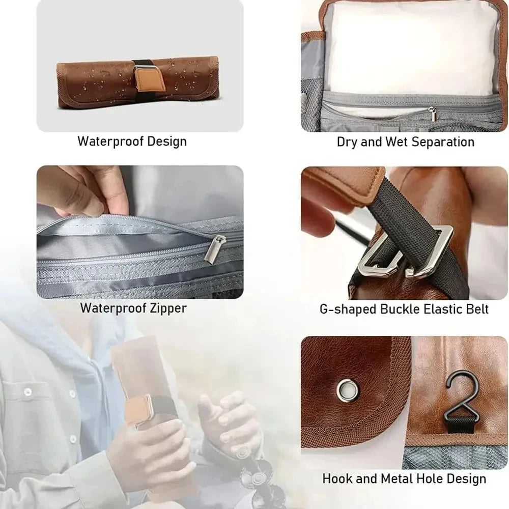 Travel Hanging Toiletry Bag for Men PU Leather Water Resistant Universal Personal Hygiene Bag Roll Up Dopp Kit Travel Essentials