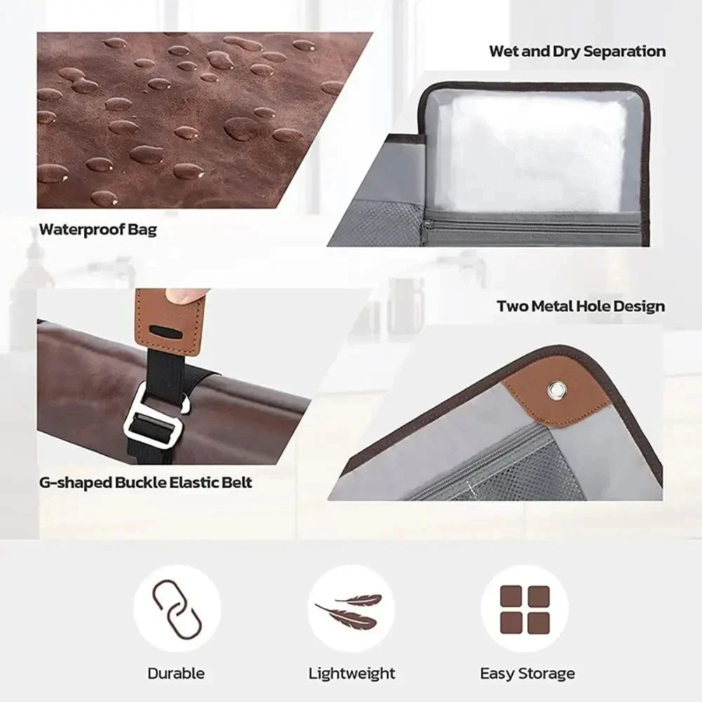 Travel Hanging Toiletry Bag for Men PU Leather Water Resistant Universal Personal Hygiene Bag Roll Up Dopp Kit Travel Essentials