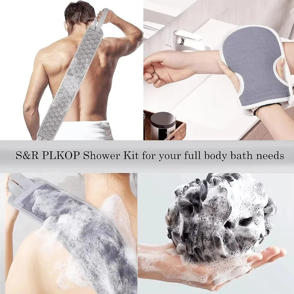 Exfoliating Body Scrubber Set-Includes Back Scrubber Brush,Bath Glove and Shower Bath Sponge Loofah Deep Clean Remove Dead Skin